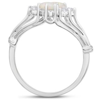 3/4 Carat Double Opal Ring with 4 Diamonds In 14 Karat White Gold