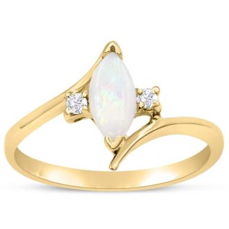 1/2 Carat Marquise Shape Opal Ring and Two Diamonds In 14 Karat Yellow Gold