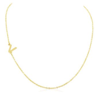 Dainty V Initial Sideways Necklace In Gold Overlay, 16 Inches