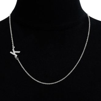 Dainty K Initial Sideways Necklace In Silver Overlay, 16 Inches