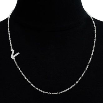 Dainty V Initial Sideways Necklace In Silver Overlay, 16 Inches