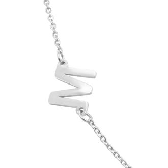 Dainty W Initial Sideways Necklace In Silver Overlay, 16 Inches