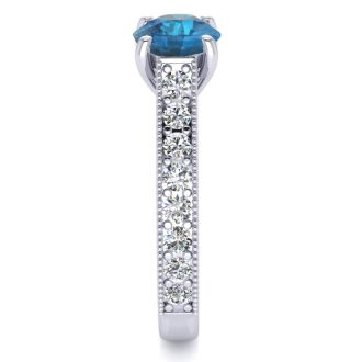 1 1/2 Carat Diamond Engagement Ring With 1 Carat Blue Diamond Center In 14K White Gold. Amazing Gorgeous Blue Diamond Ring!