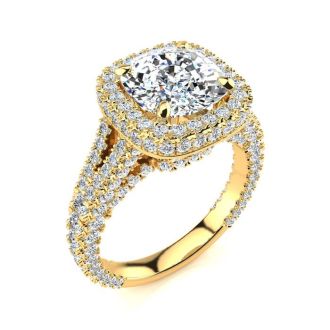4 1/2 Carat Cushion Cut Halo Diamond Engagement Ring In 14K Yellow Gold
