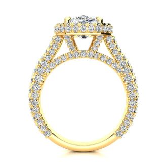 4 1/2 Carat Cushion Cut Halo Diamond Engagement Ring In 14K Yellow Gold