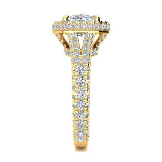 4 1/2 Carat Cushion Cut Halo Diamond Engagement Ring In 14K Yellow Gold