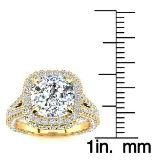 4 1/2 Carat Cushion Cut Halo Diamond Engagement Ring In 14K Yellow Gold