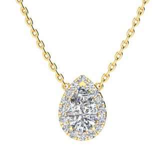 1/2 Carat Pear Shape Halo Diamond Necklace In 14K Yellow Gold