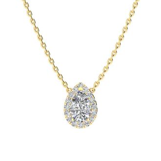 1/4 Carat Pear Shape Halo Diamond Necklace In 14K Yellow Gold