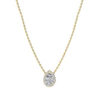 1/4 Carat Pear Shape Halo Diamond Necklace In 14K Yellow Gold