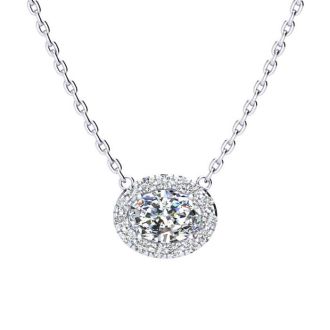 1/2 Carat Oval Shape Halo Diamond Necklace In 14K White Gold