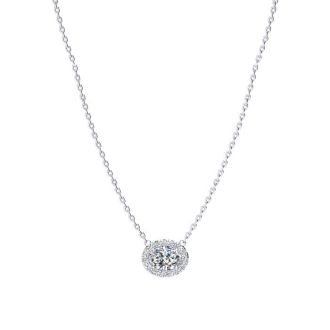 1/2 Carat Oval Shape Halo Diamond Necklace In 14K White Gold
