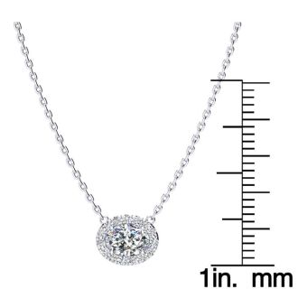1/2 Carat Oval Shape Halo Diamond Necklace In 14K White Gold
