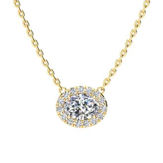 1/2 Carat Oval Shape Halo Diamond Necklace In 14K Yellow Gold
