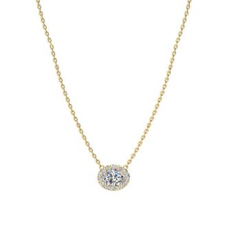 1/2 Carat Oval Shape Halo Diamond Necklace In 14K Yellow Gold