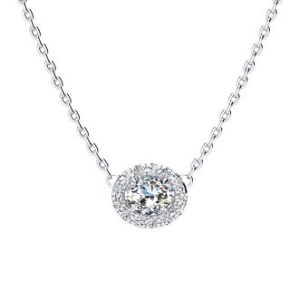 1/4 Carat Oval Shape Halo Diamond Necklace In 14K White Gold
