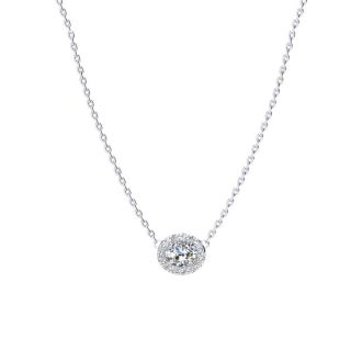 1/4 Carat Oval Shape Halo Diamond Necklace In 14K White Gold