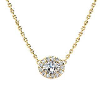 1/4 Carat Oval Shape Halo Diamond Necklace In 14K Yellow Gold