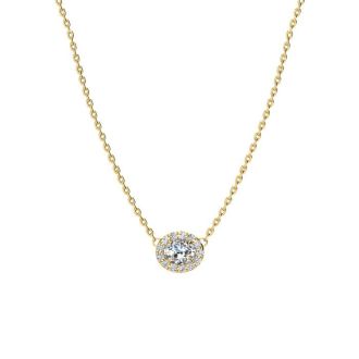 1/4 Carat Oval Shape Halo Diamond Necklace In 14K Yellow Gold