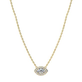 1/3 Carat Marquise Shape Halo Diamond Necklace In 14K Yellow Gold