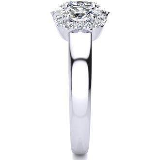1 1/4 Carat Oval Shape Halo Diamond Three Stone Ring In 14K White Gold