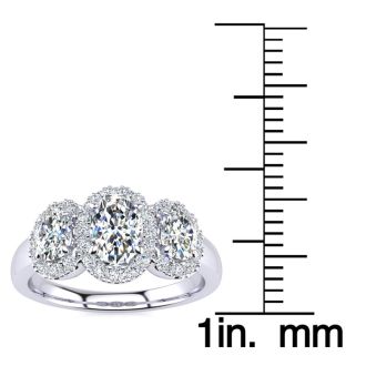1 1/4 Carat Oval Shape Halo Diamond Three Stone Ring In 14K White Gold
