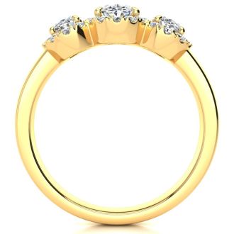1 1/4 Carat Oval Shape Halo Diamond Three Stone Ring In 14K Yellow Gold