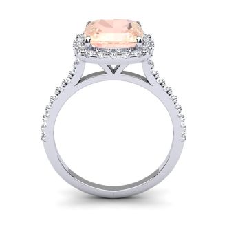 3 1/2 Carat Cushion Cut Morganite and Halo Diamond Ring In 14K White Gold, SIZE 4.5