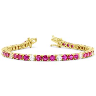 12 Carat Created Ruby and Diamond White Sapphire Tennis Bracelet In 14K Yellow Gold Over Sterling Silver, 7 Inches