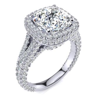 6 Carat Cushion Cut Halo Diamond Engagement Ring In 14K White Gold, G-H Color, VS Clarity Version