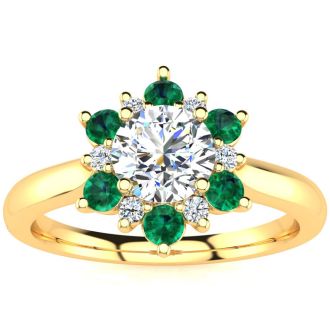 1 1/2 Carat Round Shape Flower Halo Emerald and Diamond Engagement Ring In 14K Yellow Gold