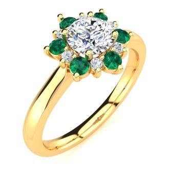 1 1/2 Carat Round Shape Flower Halo Emerald and Diamond Engagement Ring In 14K Yellow Gold