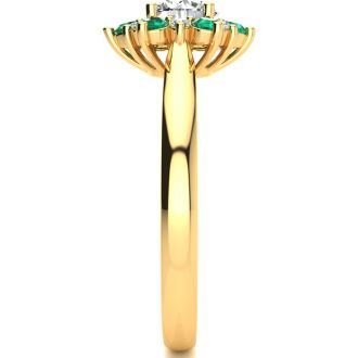 1 1/2 Carat Round Shape Flower Halo Emerald and Diamond Engagement Ring In 14K Yellow Gold