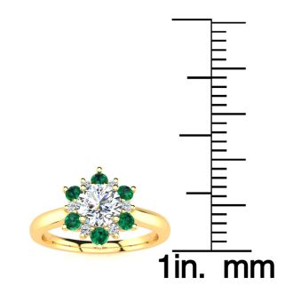 1 1/2 Carat Round Shape Flower Halo Emerald and Diamond Engagement Ring In 14K Yellow Gold