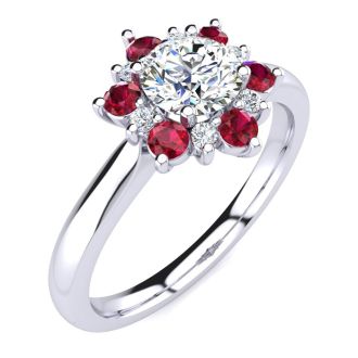 1 1/2 Carat Round Shape Flower Halo Ruby and Diamond Engagement Ring In 14K White Gold