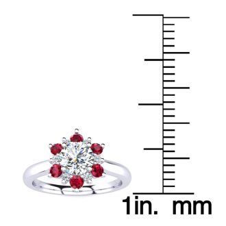 1 1/2 Carat Round Shape Flower Halo Ruby and Diamond Engagement Ring In 14K White Gold