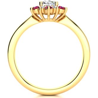 1 1/2 Carat Round Shape Flower Halo Ruby and Diamond Engagement Ring In 14K Yellow Gold