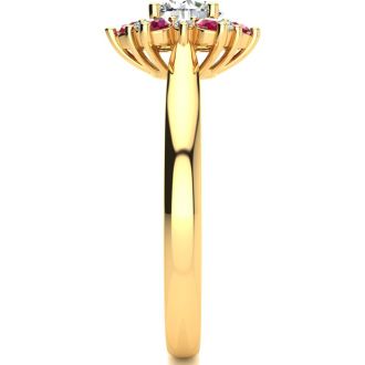 1 1/2 Carat Round Shape Flower Halo Ruby and Diamond Engagement Ring In 14K Yellow Gold
