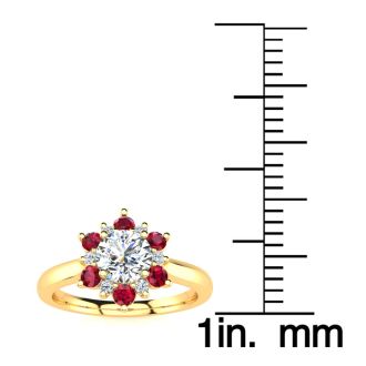 1 1/2 Carat Round Shape Flower Halo Ruby and Diamond Engagement Ring In 14K Yellow Gold
