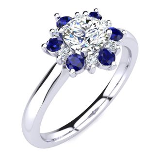 1 1/2 Carat Round Shape Flower Halo Sapphire and Diamond Engagement Ring In 14K White Gold