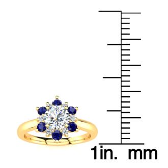 1 1/2 Carat Round Shape Flower Halo Sapphire and Diamond Engagement Ring In 14K Yellow Gold
