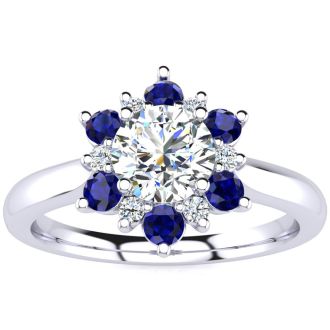 1 1/2 Carat Round Shape Flower Halo Sapphire and Diamond Engagement Ring In 14K White Gold