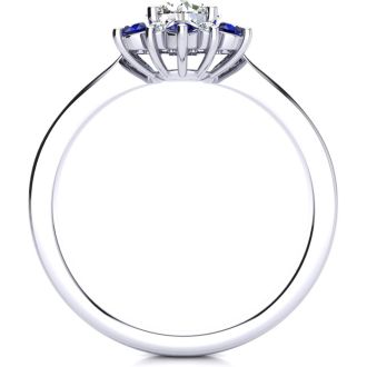 1 1/2 Carat Round Shape Flower Halo Sapphire and Diamond Engagement Ring In 14K White Gold