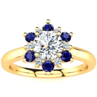 1 1/2 Carat Round Shape Flower Halo Sapphire and Diamond Engagement Ring In 14K Yellow Gold