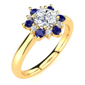 1 1/2 Carat Round Shape Flower Halo Sapphire and Diamond Engagement Ring In 14K Yellow Gold