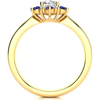 1 1/2 Carat Round Shape Flower Halo Sapphire and Diamond Engagement Ring In 14K Yellow Gold