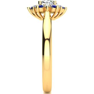 1 1/2 Carat Round Shape Flower Halo Sapphire and Diamond Engagement Ring In 14K Yellow Gold