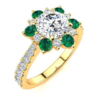 2 Carat Round Shape Flower Halo Emerald and Diamond Engagement Ring In 14K Yellow Gold