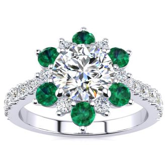 2 Carat Round Shape Flower Halo Emerald and Diamond Engagement Ring In 14K White Gold