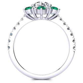 2 Carat Round Shape Flower Halo Emerald and Diamond Engagement Ring In 14K White Gold